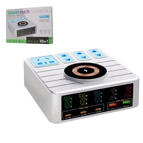 Сетевое зарядное устройство Kingmax WLX H13, 140 Вт, Wireless Charge, Quick Charge, Power Delivery PD , с розеткой, 5 портов, 10 in 1