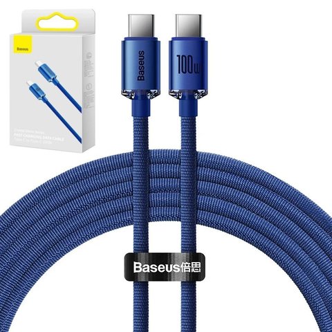 USB кабель Baseus Crystal Shine Series, 2xUSB тип C, 200 см, 100 Вт, синий, в нейлоновой оплетке, #CAJY000703