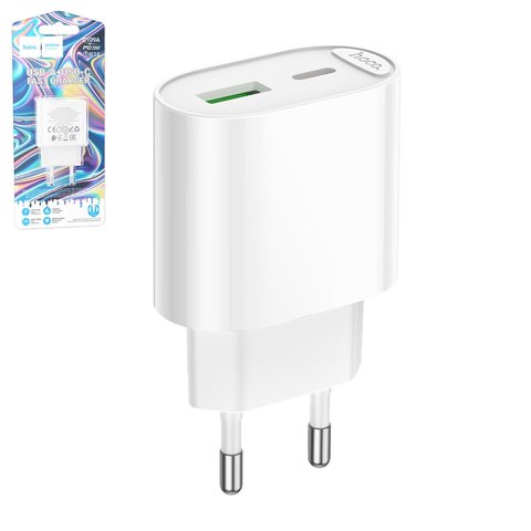 Сетевое зарядное устройство Hoco C109A, 20 Вт, Quick Charge, Power Delivery PD , белый, 2 порта, #6942007656719