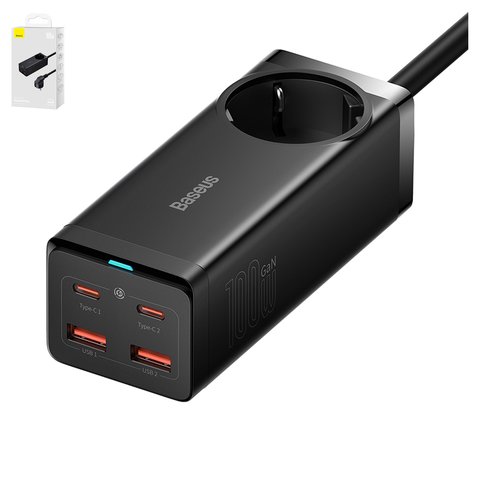 Сетевое зарядное устройство Baseus GaN3 Pro Desktop, 100 Вт, Quick Charge, 220 В, черный, с розеткой, c кабелем USB тип C к USB тип C, 4 порта, #PSZM000401